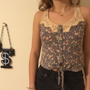 Floral tank top with lace detail and tie-up front